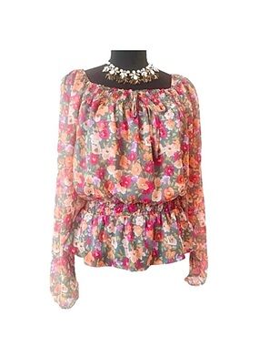LC LAUREN CONRAD ~ Floral Sheer Long Sleeve Blouse Pink and Orange Drop Waist